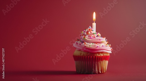 Celebratory Cupcake: Pink Frosted Delight with Single Candle, Generative AI