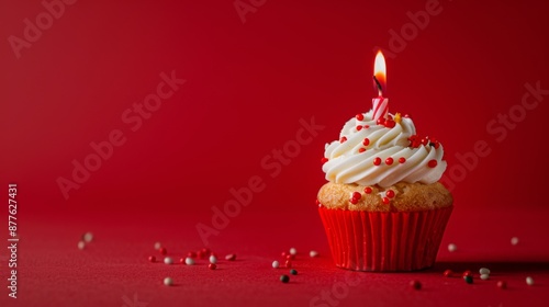 Celebratory Cupcake: Pink Frosted Delight with Single Candle, Generative AI