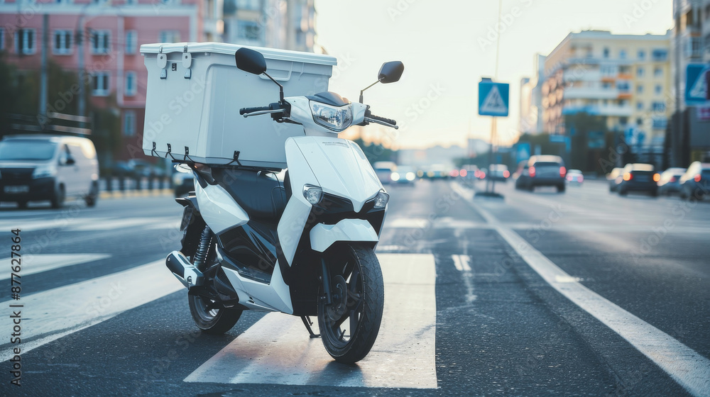 A white delivery box mounted on a motorcycle parked on the road, representing delivery services. A white delivery box mounted on a motorcycle parked on the road, representing delivery services.