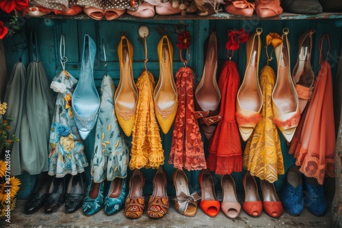 Many pairs of shoes hanging on a rack