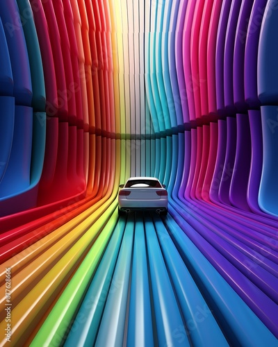 A car drives through a tunnel with vibrant, rainbow-colored walls and flooring, creating a dynamic and futuristic atmosphere