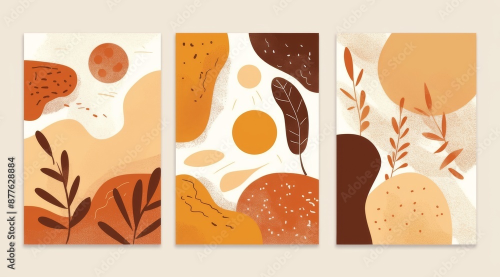 Fototapeta premium 3 simple modern wall art decorations, with soft tones and neutral colors of beige, terracotta and white