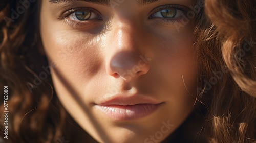 Wallpaper Mural A close-up of a young person with curly hair, showcasing clear skin and intense eyes in natural light Torontodigital.ca