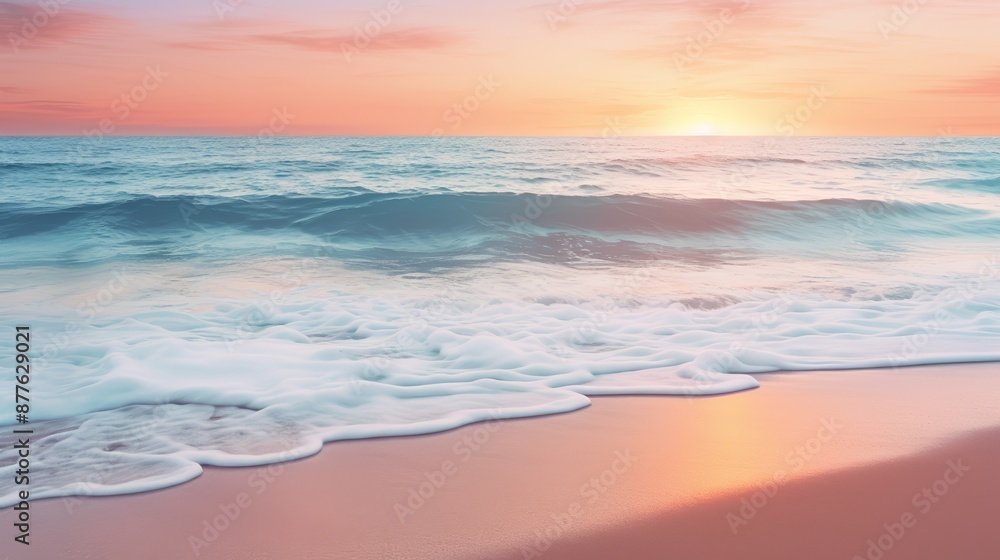 A serene beach scene at sunset with soft waves gently lapping at the shore, under a sky painted with hues of orange and pink A serene beach scene at sunset with soft waves gently lapping at the shore, under a sky painted with hues of orange and pink