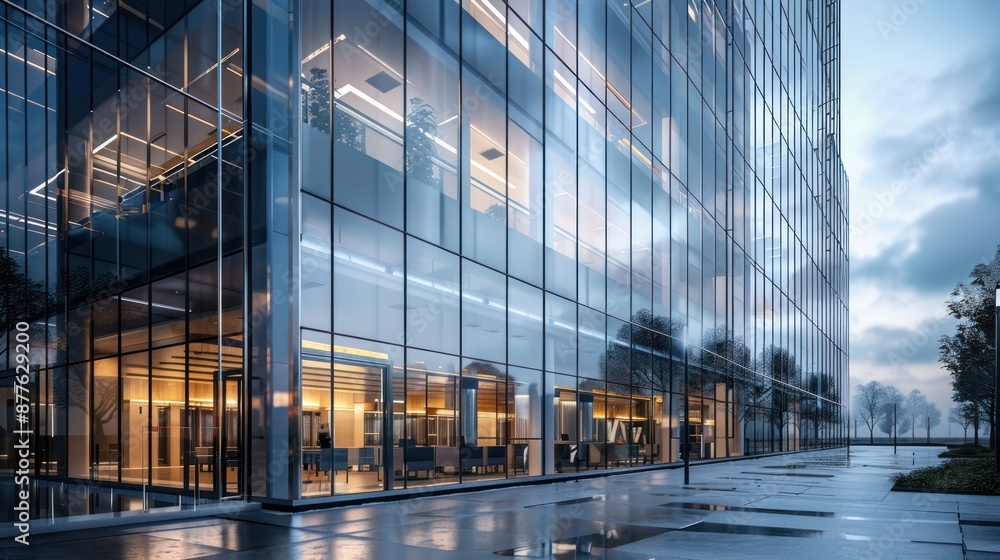 A large glass building with a lot of windows and a tree in front A large glass building with a lot of windows and a tree in front