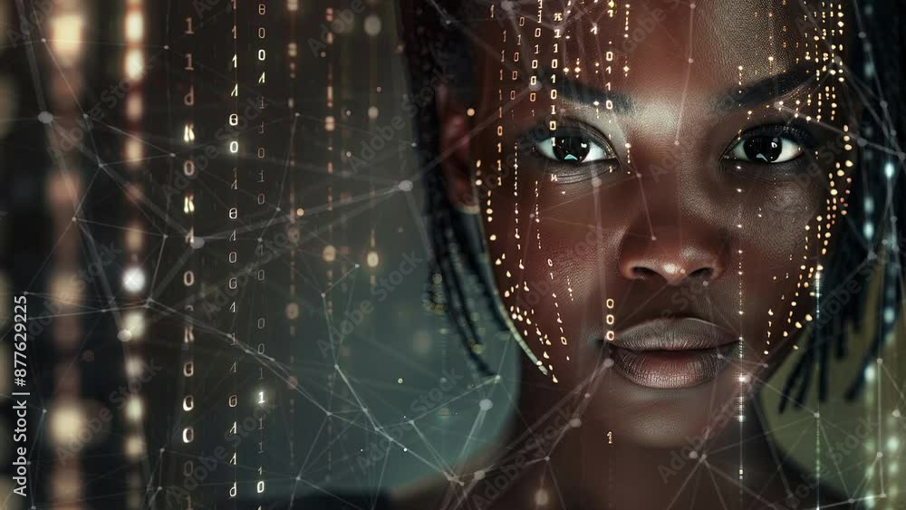 Beautiful black young woman close-up. IT specialist, artificial intelligence collage. Working in a data center. Generate AI. Beautiful black young woman close-up. IT specialist, artificial intelligence collage. Working in a data center. Generate AI.