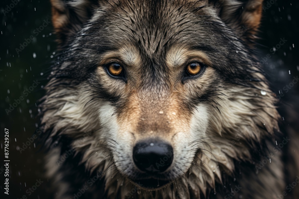 Fototapeta premium Close-up of a majestic wolf's face as snowflakes gently fall around it