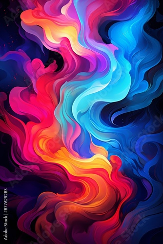 a vibrant, swirling blend of colorful waves in tones of red, pink, orange, blue, and purple, creating a mesmerizing abstract pattern