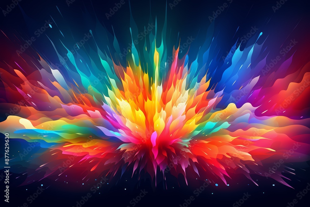A vibrant, abstract explosion of multicolored hues against a dark background, evoking a sense of energy and motion A vibrant, abstract explosion of multicolored hues against a dark background, evoking a sense of energy and motion