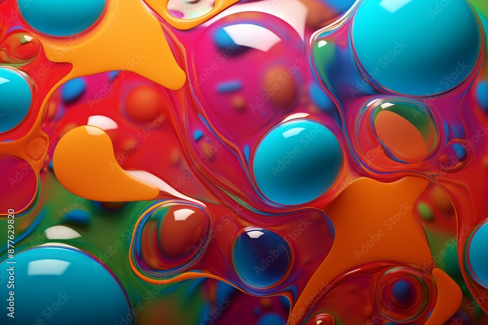 Fototapeta premium A vibrant abstract artwork featuring colorful bubbles and fluid shapes in shades of blue, orange, and red