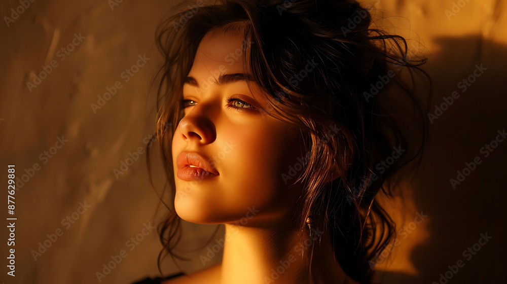 Golden light illuminates a woman's face, highlighting her beauty and evoking a sense of warmth and tranquility. Golden light illuminates a woman's face, highlighting her beauty and evoking a sense of warmth and tranquility.