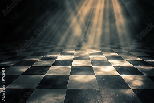 A chessboard of light, where beams move strategically in a silent battle