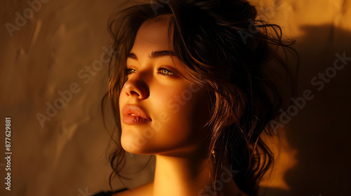 Golden light illuminates a woman's face, highlighting her beauty and evoking a sense of warmth and tranquility.  photo