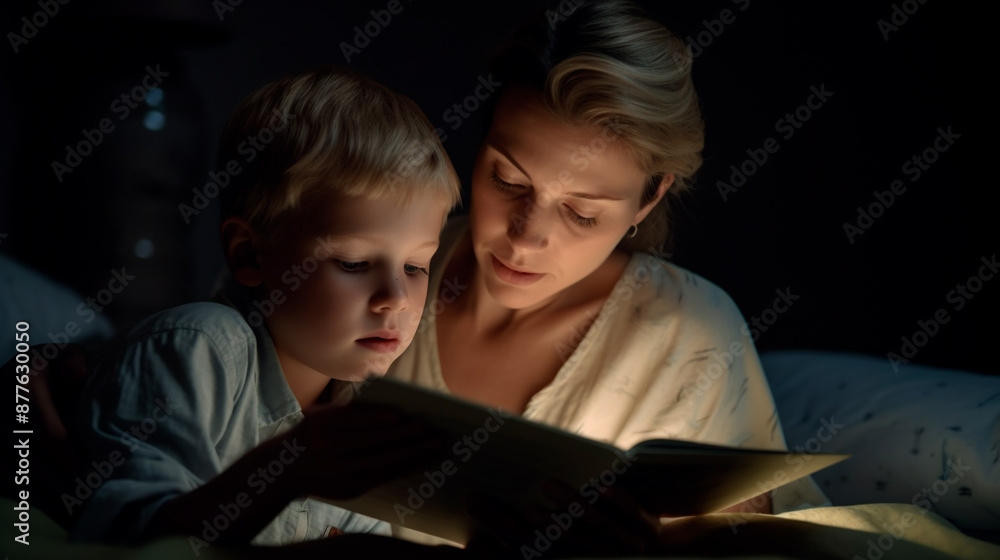 The boy is reading his story book with his mother. The boy is reading his story book with his mother.