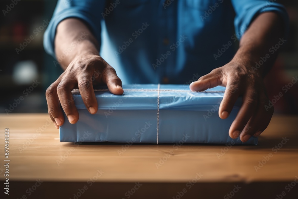 A person is wrapping a blue package with string, placing it carefully on a wooden table A person is wrapping a blue package with string, placing it carefully on a wooden table