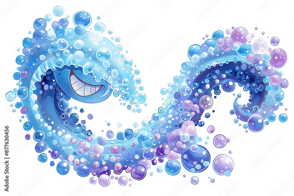 Obraz premium A children's book illustration of a friendly cartoon wave with a big smile, made entirely of blue and purple bubbles.