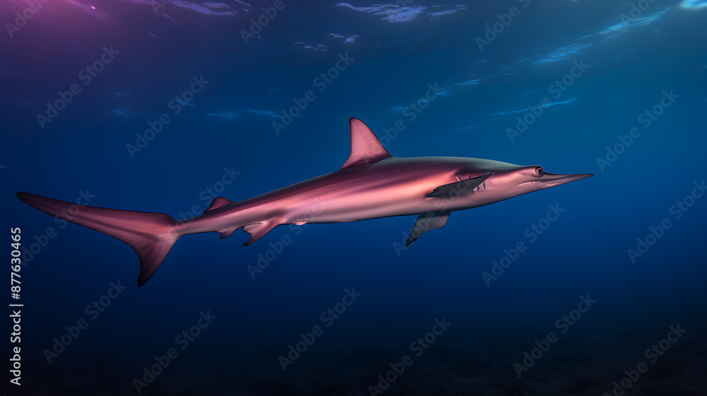 Fototapeta premium A silhouetted shark swims through blue water with pink and purple hues, evoking a sense of mystery and wonder in the deep ocean. 
