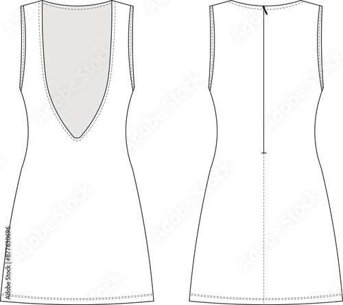 deep v neck low cut sleeveless zippered short mini a line bodycon dress template technical drawing flat sketch cad mockup fashion woman design style model

