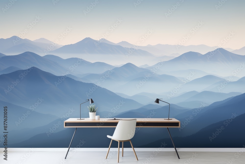 Fototapeta premium A minimalist workspace features a sleek desk and chair with a stunning background of layered, misty blue mountains evoking a calm, serene atmosphere