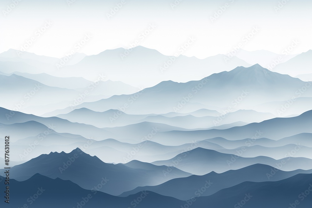 Fototapeta premium Serene layers of blue-hued mountains under a misty, gradient sky creating a tranquil and peaceful atmosphere