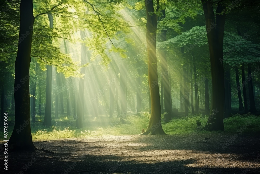 Fototapeta premium A serene forest with sunlight filtering through the dense canopy of trees, casting beautiful rays and shadows on the forest floor