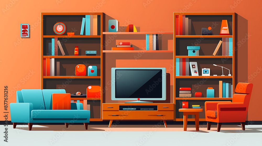 Orange, blue, and brown living room with a couch, armchair, and bookshelves, perfect for cozy home decor. Orange, blue, and brown living room with a couch, armchair, and bookshelves, perfect for cozy home decor.
