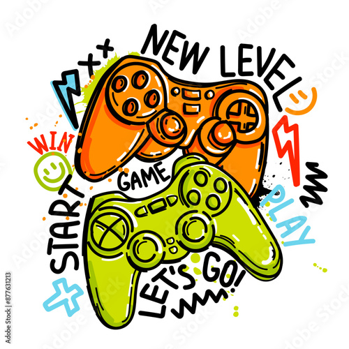 Illustration print for t-shirt with colourful joystick game and graffiti words. Colorful cool Background for boys