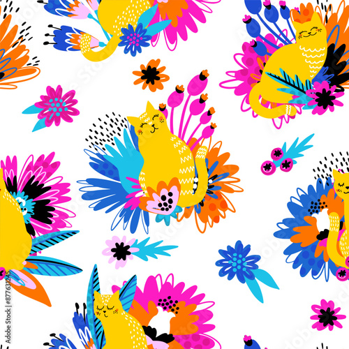 Seamless pattern with abstract colorful cats in  flowers print on white background.  Creative texture for fabric,  textile, wallpaper, apparel. Bright Vector illustration © artlavi_design