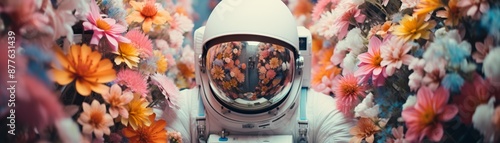 An astronaut in a white spacesuit is surrounded by vibrant and colorful flowers in a surreal and whimsical setting