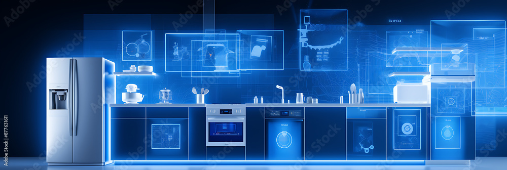 Modern kitchen appliances with futuristic blue glowing interface, showcasing smart home technology. Modern kitchen appliances with futuristic blue glowing interface, showcasing smart home technology.