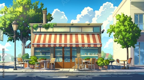 coffee shop bar booth On the side of the road in manga style