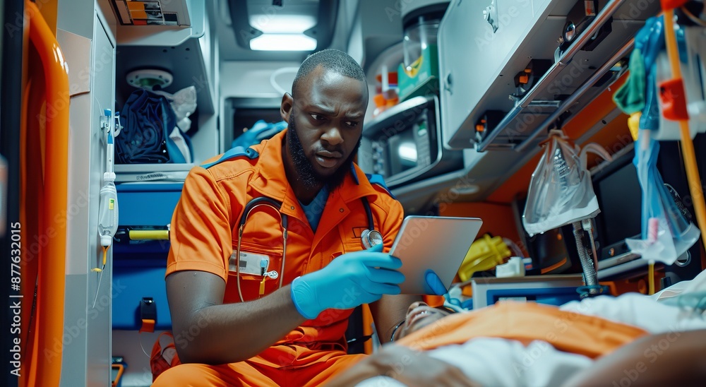 Emergency medical technician caring for a patient inside an ambulance using a tablet for diagnostics Emergency medical technician caring for a patient inside an ambulance using a tablet for diagnostics