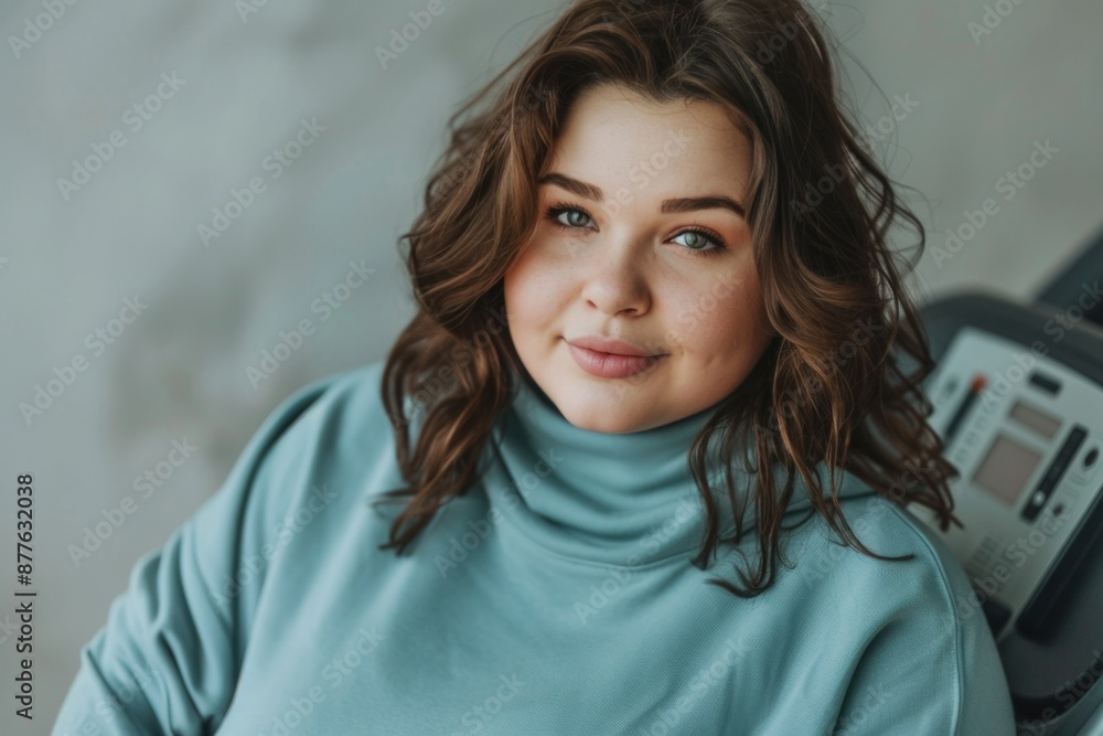 Fototapeta premium plump woman in a turtleneck. Sports simulator. weight loss excess weight. tonometer. accountant, teacher, mother