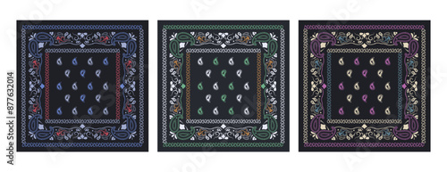 Set of colorful bandanas. Abstract seamless pattern for kerchief, fabric patchwork.