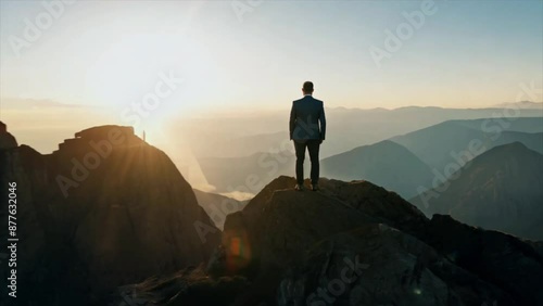 Business man celebrating achievement and success standing on top of a mountain with sunshine Generative AI