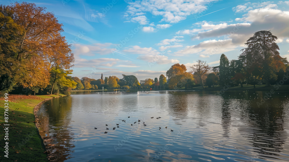 Tranquil autumn lake scene with reflections in the park Tranquil autumn lake scene with reflections in the park
