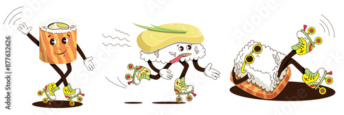 Cute sushi characters for rollerblading delivery. Playful vector illustration of sushi, rolls on roller skates in the groove style.