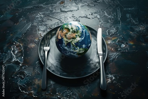 A plate with a knife, fork, and a planet, perfect for a futuristic or sci-fi themed setting photo