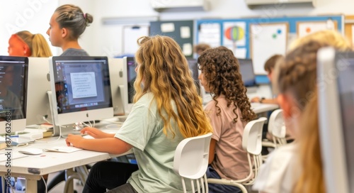 Students engaged in computer science class with iMacs in modern classroom setting