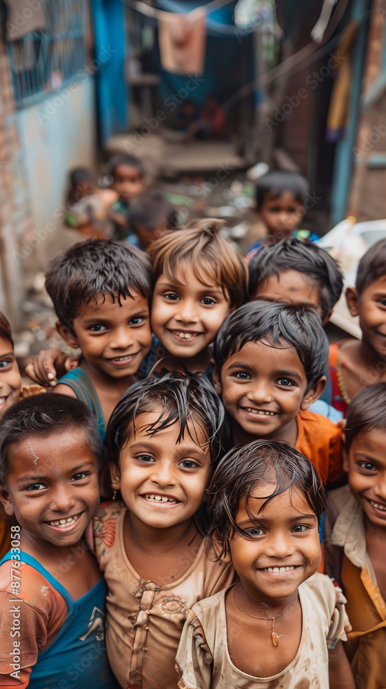 Joyful group of children smiling in an urban slum, displaying the resilience and happiness despite challenging living conditions Joyful group of children smiling in an urban slum, displaying the resilience and happiness despite challenging living conditions