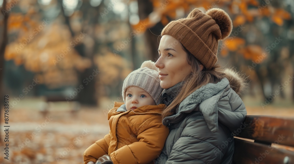 Fototapeta premium Mother and her baby sitting on a bench in a park