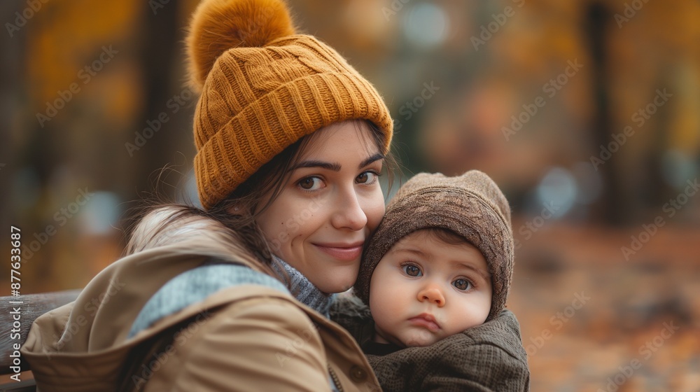 Obraz premium Mother and her baby sitting on a bench in a park