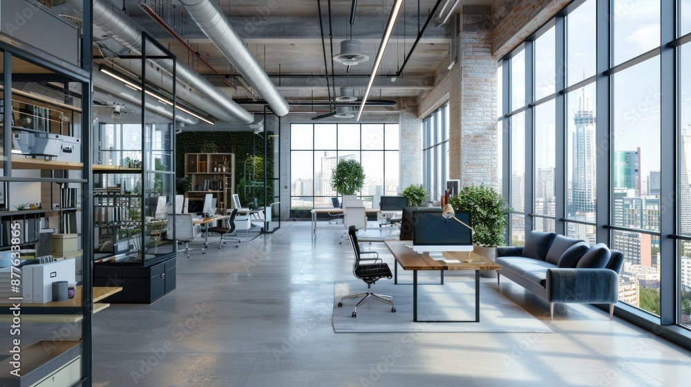 A large open office space with a view of the city A large open office space with a view of the city