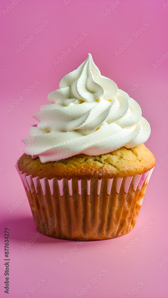 cupcake with cream cheese frosting on pink background cupcake with cream cheese frosting on pink background