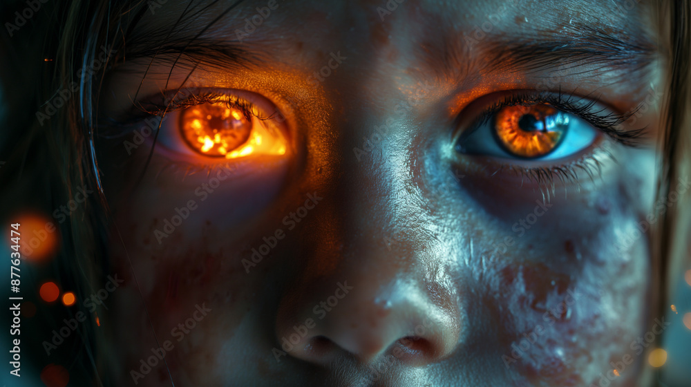 A child’s eyes. Reflecting explosion A child’s eyes. Reflecting explosion
