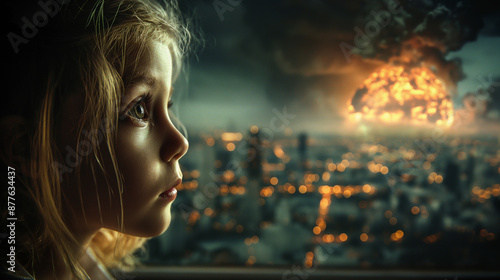 A child’s eyes. Reflecting explosion