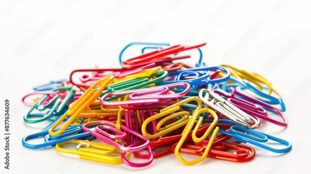 A pile of colorful paper clips with different colors and sizes A pile of colorful paper clips with different colors and sizes
