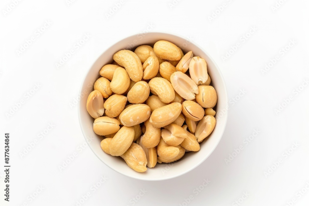 A white bowl filled with peanuts placed on a table, ideal for parties or snack time A white bowl filled with peanuts placed on a table, ideal for parties or snack time