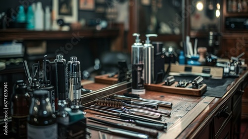 A close-up of a barbershop counter with an assortment of tools and products, including razors, combs, and hair care products. The counter is made of dark wood and is decorated with a black mat.