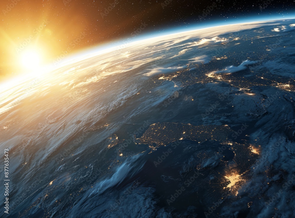 A breathtaking view of Earth from space as the sun rises over the horizon, casting a warm glow on the planet's surface. A breathtaking view of Earth from space as the sun rises over the horizon, casting a warm glow on the planet's surface.